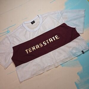 Texas State Hype and Vice M Crop Mesh Jersey Maroon White Gold Athletic Cheer TX